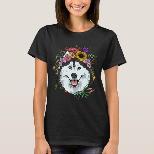 Camiseta Floral Siberian Husky Dog Primavera Nature Siberia (Frente)