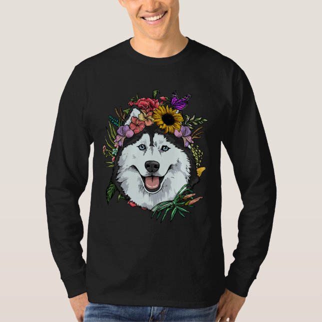 Camiseta Floral Siberian Husky Dog Primavera Nature Siberia (Frente)