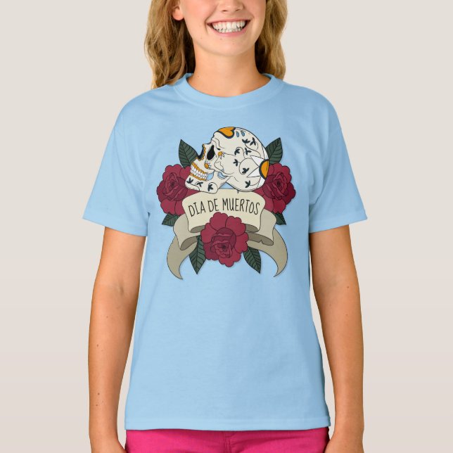 Camiseta Floral Skull Dia de los Muertos Capa Shirt (Frente)