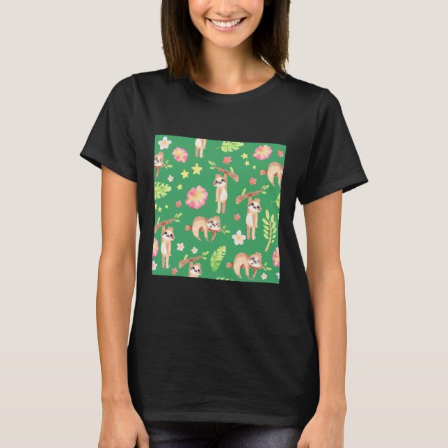 Camiseta Floral Sloth Em Verde (Frente)