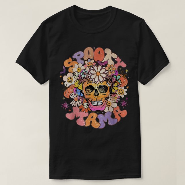 Camiseta Floral Spooky Mama Retro Halloween Groovy Spooky S (Frente do Design)