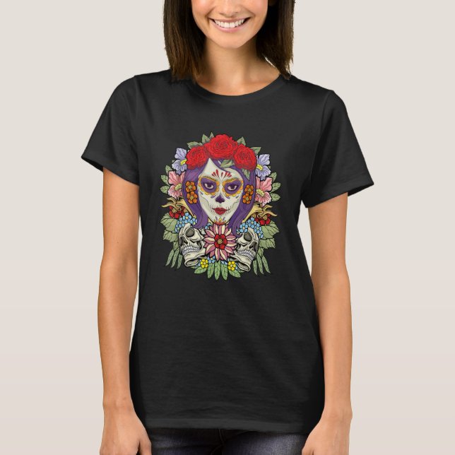 Camiseta Floral Sugar Skull Dia De Muertos Women (Frente)