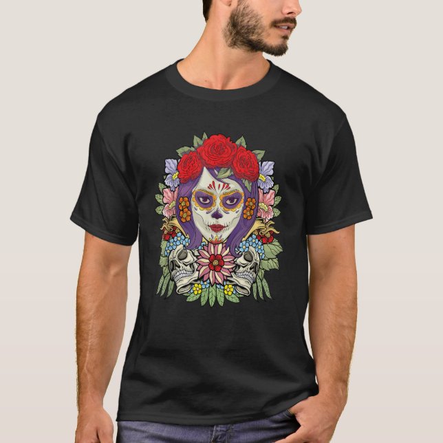 Camiseta Floral Sugar Skull Dia De Muertos Women (Frente)
