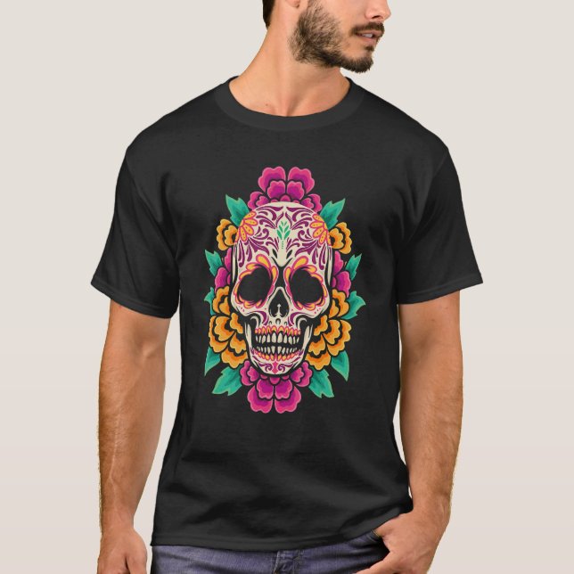 Camiseta Floral Sugar Skull Dia De Muertos Women_1 (Frente)