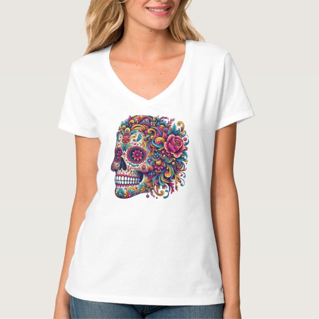 Camiseta Floral Sugar Skull Side Profile Mexican Art (Frente)
