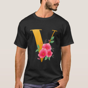 Camiseta Floral V Alfabeto Cute Monograma Inicial Letra V G