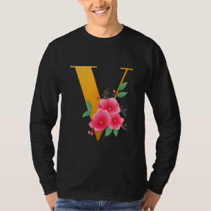 Camiseta Floral V Alfabeto Cute Monograma Inicial Letra V G