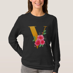 Camiseta Floral V Alfabeto Cute Monograma Inicial Letra V G