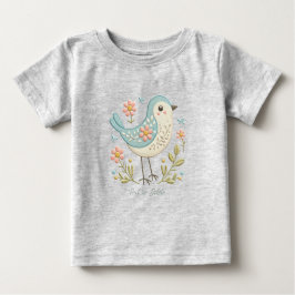 Camiseta Floral Verde Bebê Pequeno Pássaro