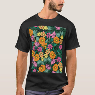 Camiseta Floral Vibrante: Vintagem de Fundo Verde.