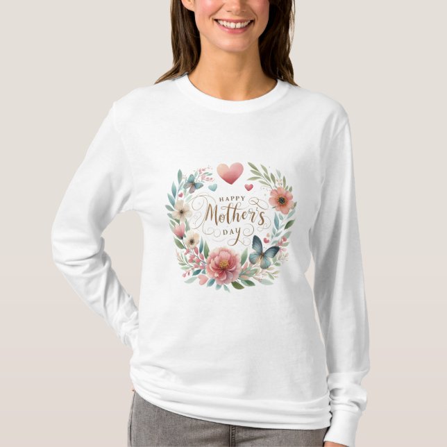 Camiseta Floral Wreath com um Dia de as mães Feliz da Borbo (Frente)