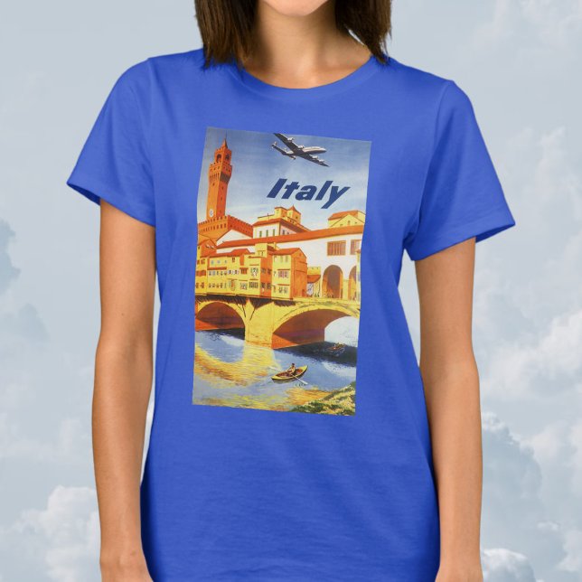 Camiseta Florence Itália Ponte Vecchio Viagens vintage (Vintage Travel Poster with an Airplane Flying Over Florence Firenze Italy Bridge and River T-Shirt)