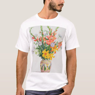 Camiseta Flores alaranjadas e azuis em um vaso marroquino