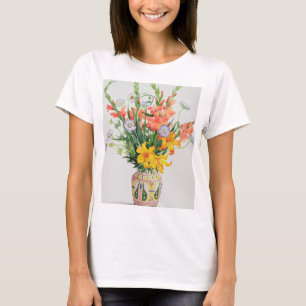 Camiseta Flores alaranjadas e azuis em um vaso marroquino