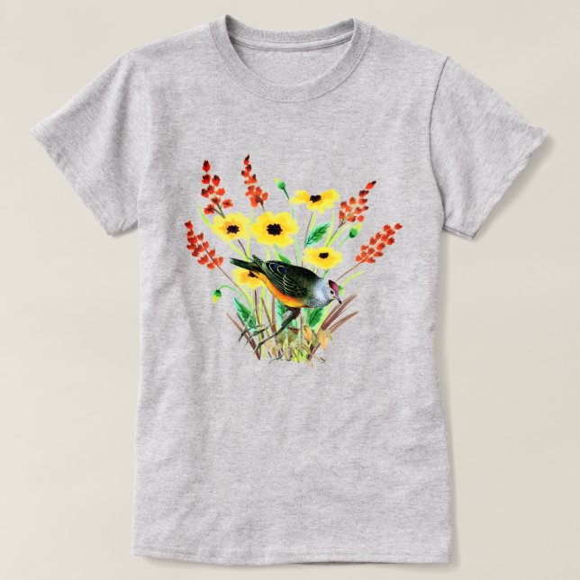 Camiseta Flores Amarelas Aquarela com Pássaro Cinza (Frente do Design)