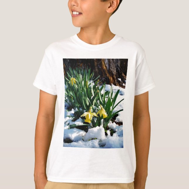 Camiseta Flores amarelas Daffodils na neve (Frente)