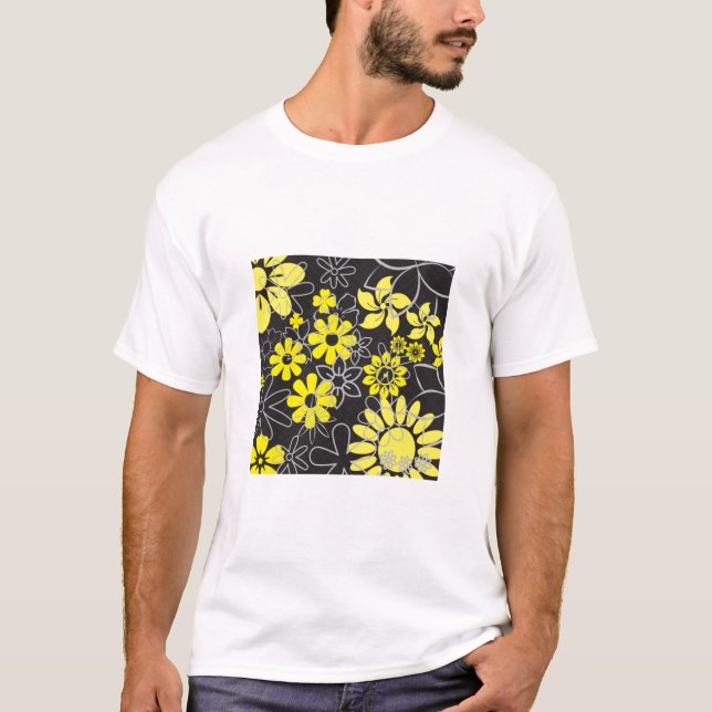 Camiseta Flores Amarelo E Cinzas T- (Frente)