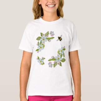 Camiseta Flores aquarelas de árvores de jardim e abelhão
