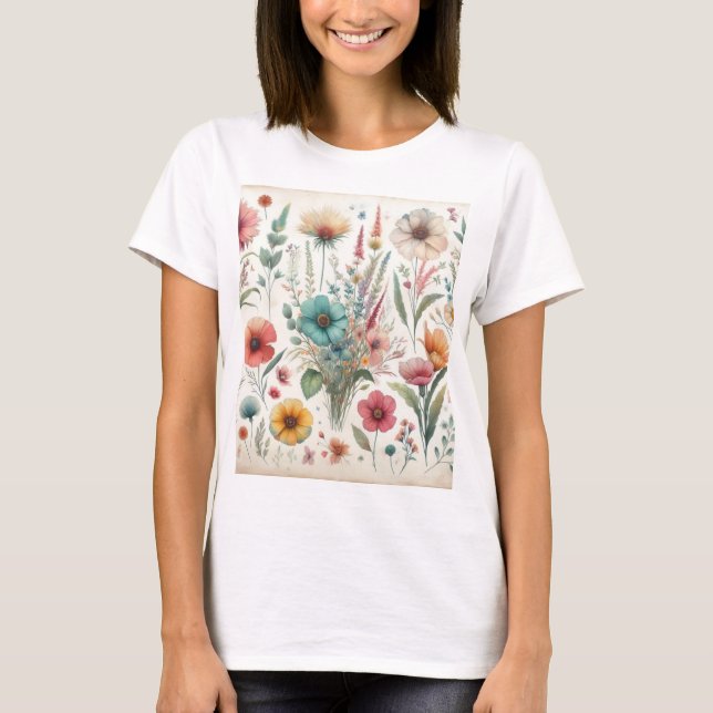 Camiseta Flores aquarelas em cores pastosas moles (Frente)
