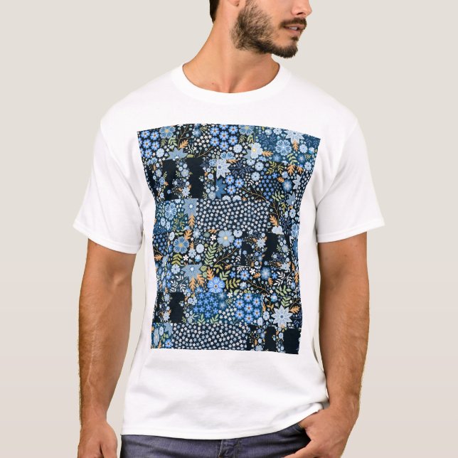 Camiseta Flores Azuis De Cordas: Tecido Invisível. (Frente)
