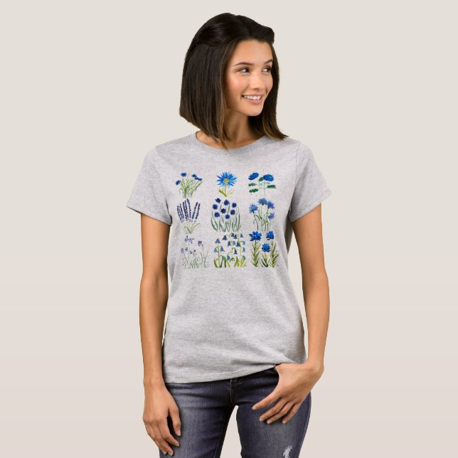 Camiseta Flores Azuis De Cores Aquáticas Flores Selvagens V (Frente Completa)