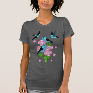 Camiseta Flores azuis de pássaros e de pau-rosa - arte folc