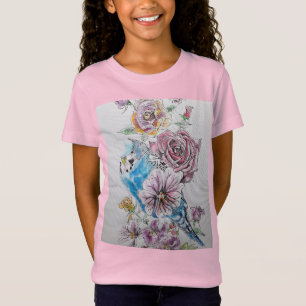 Camiseta Flores azuis e Rosas vermelhas Girls T Shirt