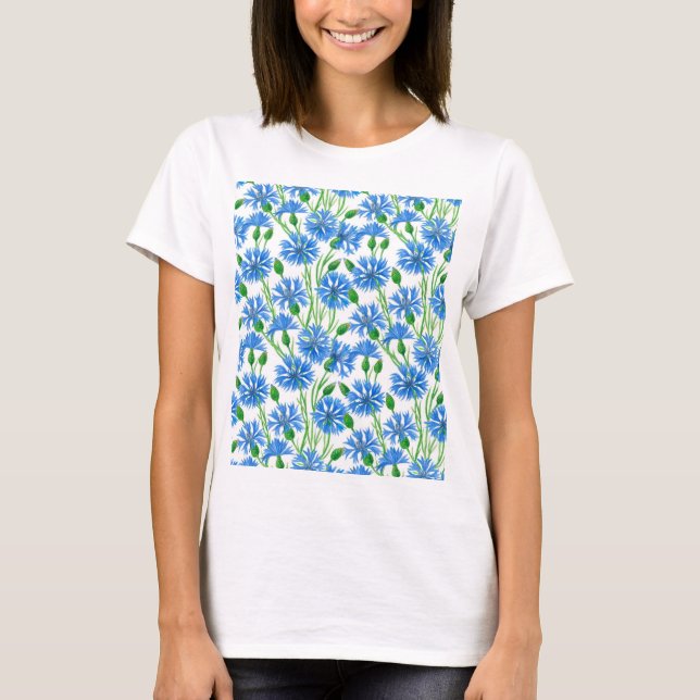 Camiseta Flores azuis, flores silvestres e flores brancas (Frente)