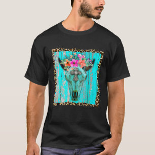 Camiseta Flores Boho Ocidentais Caveira de Touro Vaca Turqu