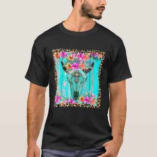 Camiseta Flores Boho Ocidentais Caveira de Touro Vaca Turqu