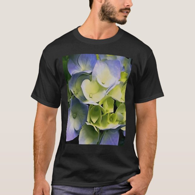 Camiseta Flores Botânicas Azuis de Hortênsia (Frente)