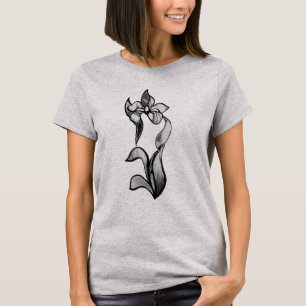 Camiseta Flores brancas abstrato pretas, brilhantes, na cin