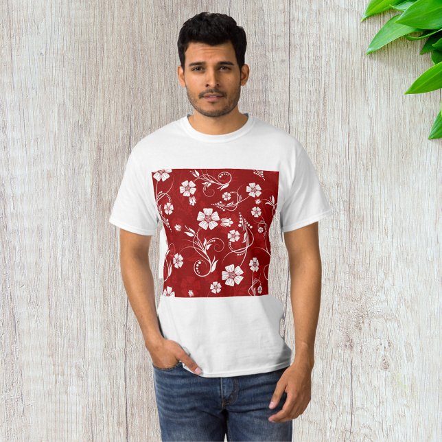 Camiseta Flores brancas Fundo Vermelho (Criador carregado)