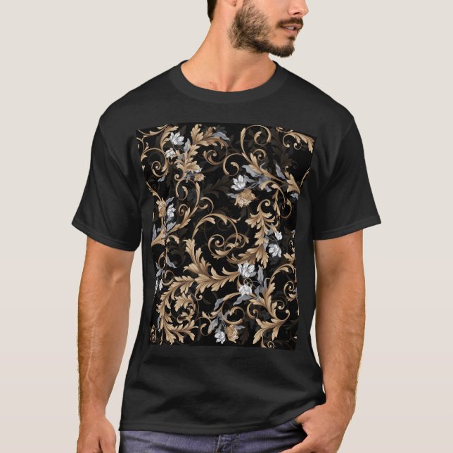 Camiseta Flores clássicas barrocas: fundo negro. (Frente)