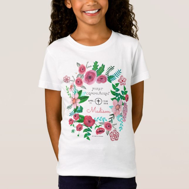 Camiseta Flores da Primeira Comunhão das Crianças | Camiset (Frente)