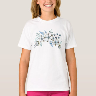 Camiseta Flores de Algodão e Eucalipto em Aquarela