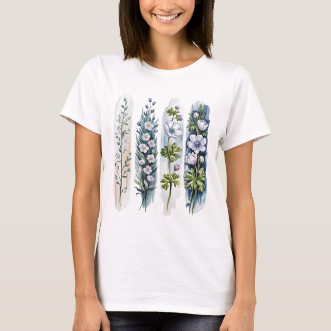 CAMISETA FLORES DE ANÊMONA POPPY EM TONS DE AZUL (Frente)