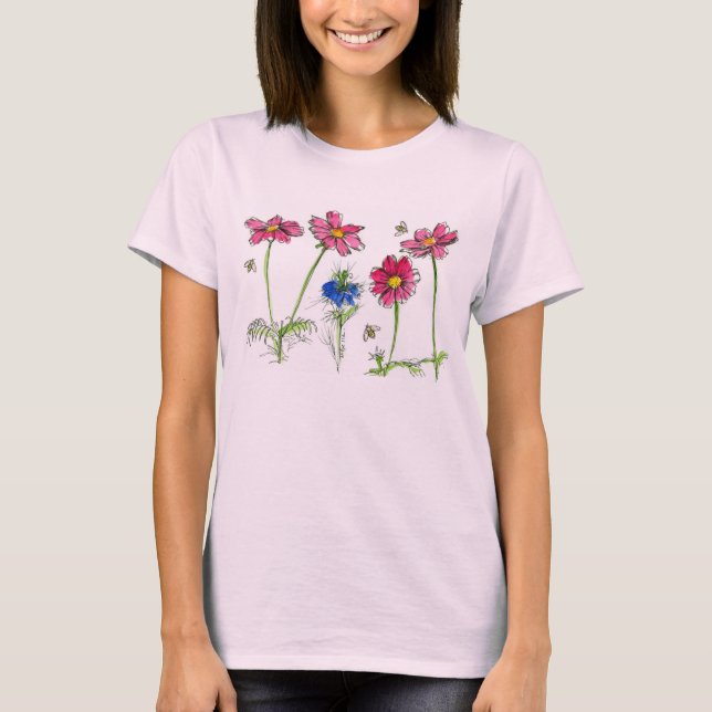 Camiseta Flores De Aquarela Cosmos Rosa Abelhas De Mel (Frente)