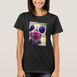Camiseta Flores de aquarela e porco usando óculos de sol Fo
