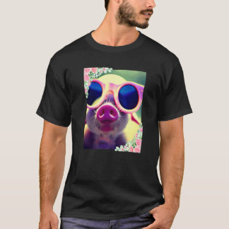 Camiseta Flores de aquarela e porco usando óculos de sol Fo
