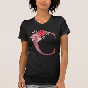 Camiseta Flores de Aquarela Monograma Alfabeto Dourado Rosa
