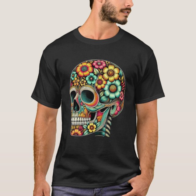 Camiseta Flores de Arte do Crânio Linha de Motif Gráfico Co (Frente)