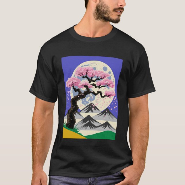 Camiseta Flores de Árvore Sakura Japonesa Lua Montanha Notu (Frente)
