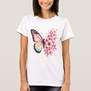 Camiseta Flores de Borboleta de Verão Desenho Floral Aquare