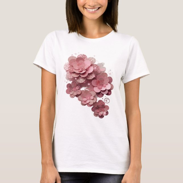 Camiseta Flores de Brilho Rosa Prata Artísticas (Frente)