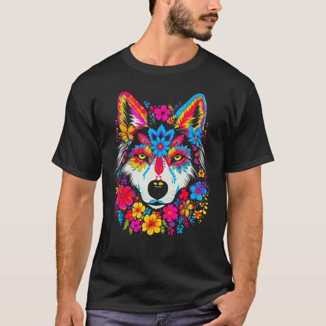 Camiseta Flores de Cachorro Husky Siberiano Fofo (Frente)