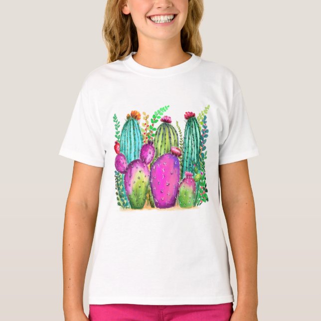 Camiseta Flores de Cactus Bonitas - Coloridas de Desenho  (Frente)