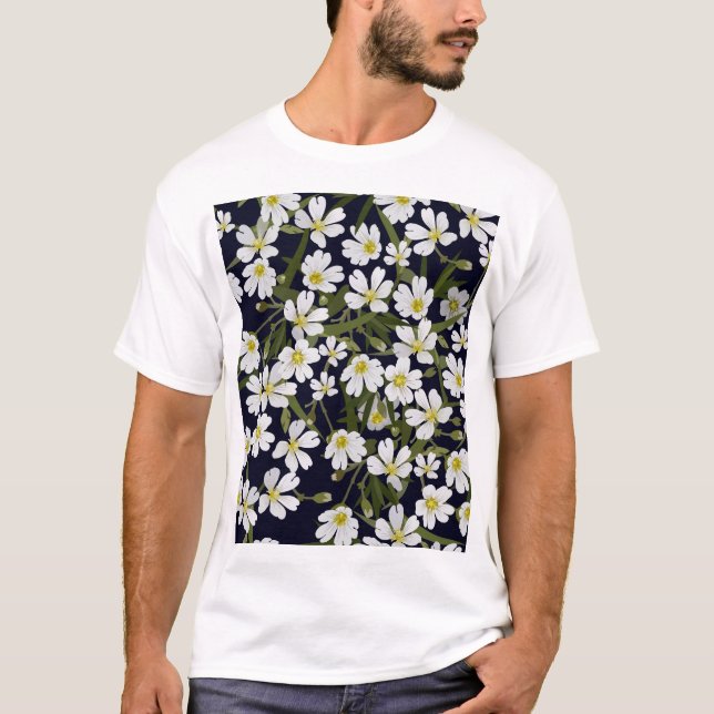 Camiseta Flores de campo branco: padrão de colheita. (Frente)