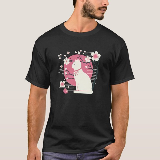 Camiseta Flores de Cerejeira na Primavera, Sakura com Gato  (Frente)
