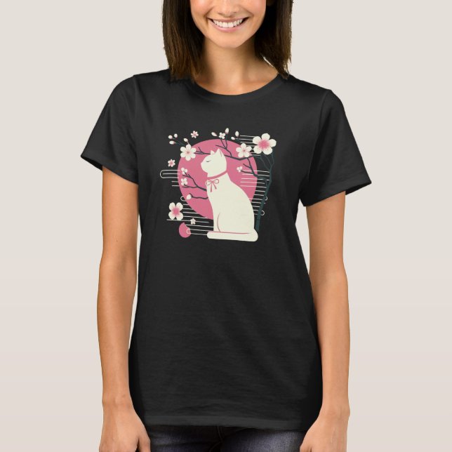 Camiseta Flores de Cerejeira na Primavera, Sakura com Gato  (Frente)